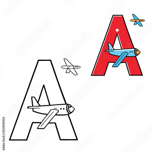 Alphabet letter A with an airplane coloring page featuring a bold letter A and a detailed airplane flying around it, perfect for kids to learn and color with fun and creativity.