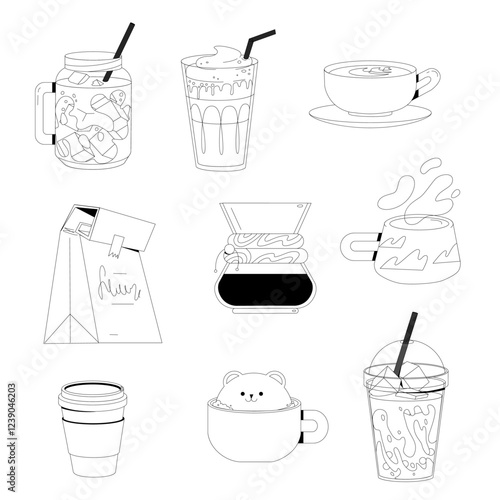 Hot and cold beverage. Different types of drinks set. Espresso, americano cup, cappuccino and latte in paper mug, iced macchiato in glass. Flat vector illustrations isolated on white background