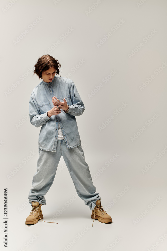 Fototapeta premium Young stylish man stands confidently in relaxed denim attire, exuding urban fashion vibes.