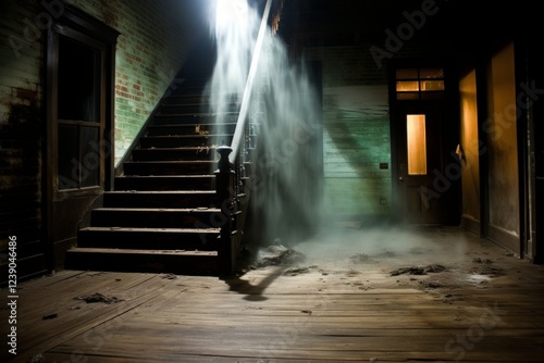 Mysterious atmosphere in an abandoned house with wooden floors, staircase, and candlelight glow photo