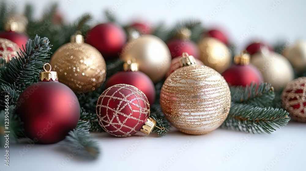 Festive arrangement of red and gold Christmas ornaments among evergreen branches, creating a holiday ambiance Festive arrangement of red and gold Christmas ornaments among evergreen branches, creating a holiday ambiance