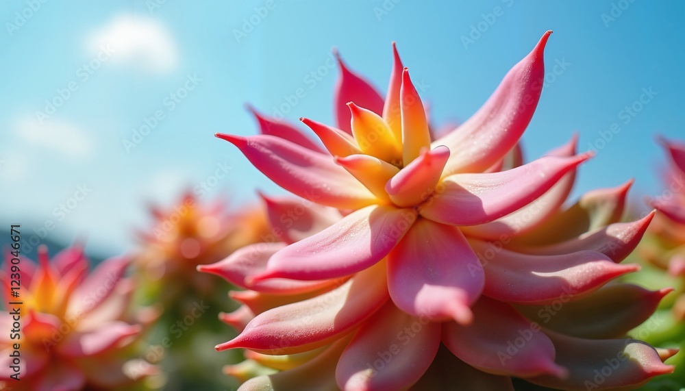 Fototapeta premium Vibrant pink succulent in sunlight with blue sky background, nature's beauty symbol