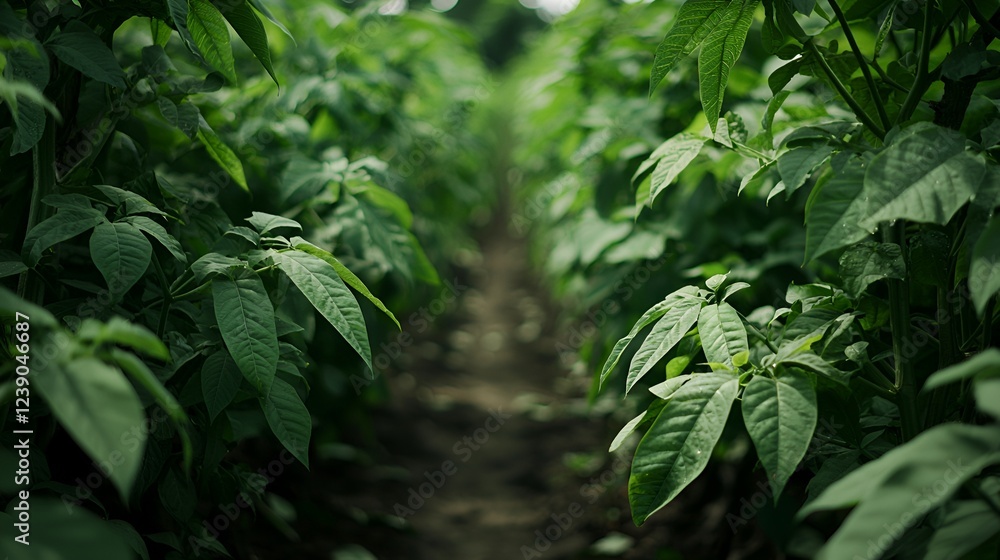 Lush green potato plants growing in a field, sunlight dappled, rural background, ideal for agricultural publications Lush green potato plants growing in a field, sunlight dappled, rural background, ideal for agricultural publications