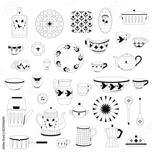 Collection ceramic kitchen utensils or crockery - cups, dishes, bowls, pitchers. Set of decorative tableware items isolated on white background. 