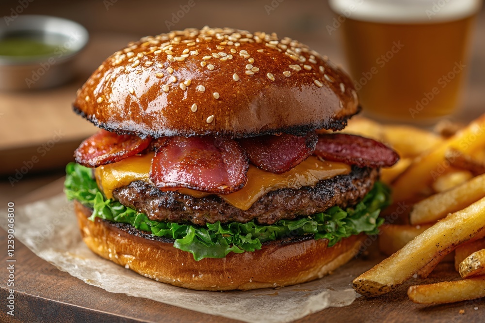 Delicious burger with bacon and cheese on a wooden board with fries and beer in the background Delicious burger with bacon and cheese on a wooden board with fries and beer in the background