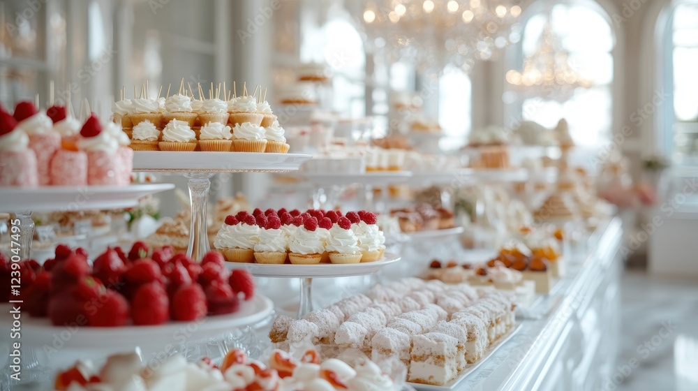 An exquisite array of elaborately decorated desserts, including cupcakes and tarts, arranged beautifully on display to tempt any sweet tooth with their vibrant colors. An exquisite array of elaborately decorated desserts, including cupcakes and tarts, arranged beautifully on display to tempt any sweet tooth with their vibrant colors.