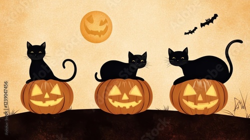 Halloween Black Cats and Pumpkins - Three black cats sitting on carved pumpkins under a Halloween moon.  Perfect for autumn and Halloween themed designs. photo