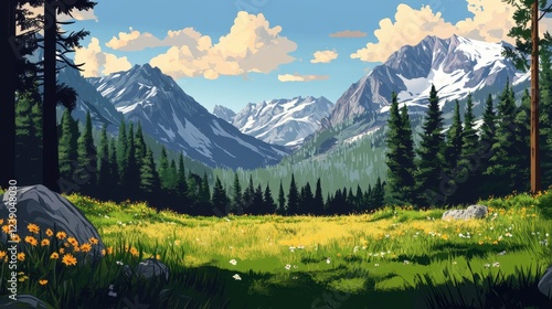 Serene Mountain Valley Meadow Landscape Scene