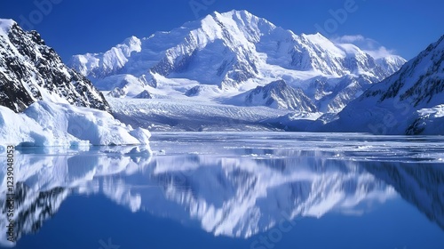 Wallpaper Mural Serene snowy mountains reflecting on calm lake, tranquil winter landscape with clear blue sky, perfect for nature themes. Torontodigital.ca