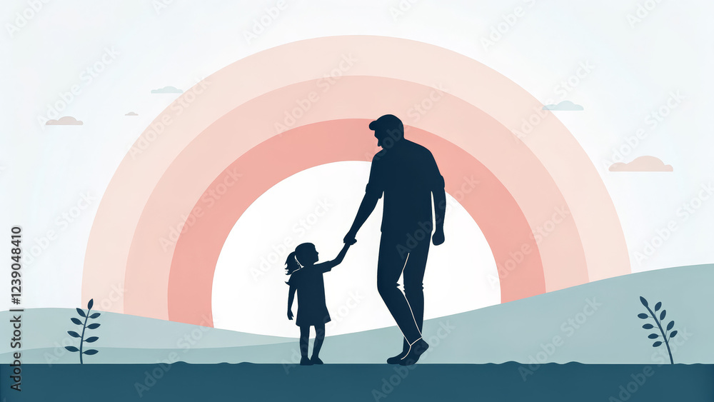 Obraz premium Father and child walking hand in hand at sunset on a hill