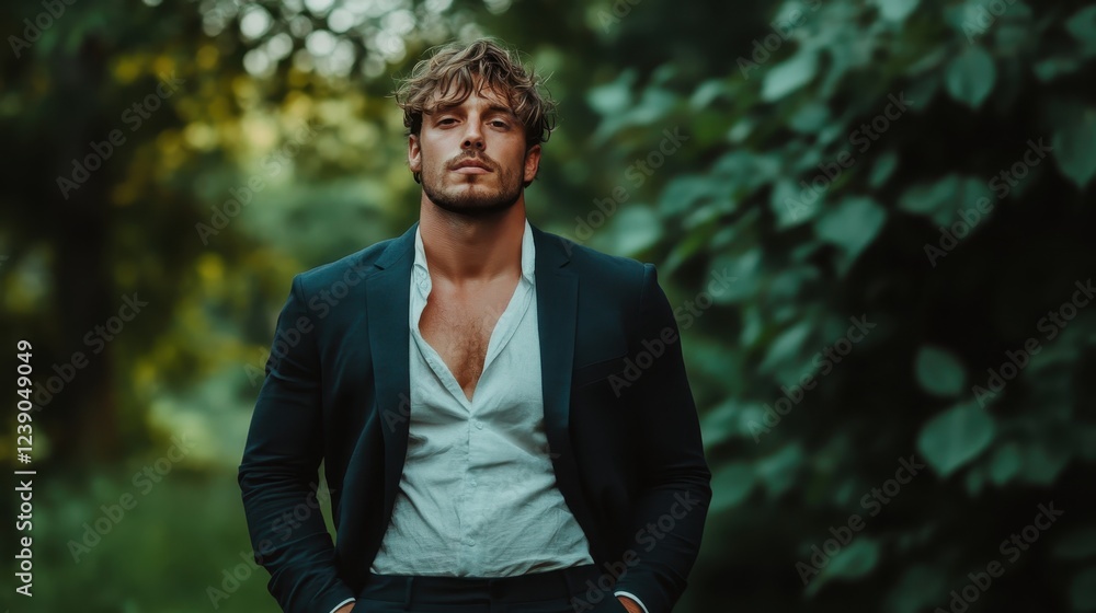A fashionable man exudes confidence as he poses in a sleek outfit, set against a backdrop of dense, verdant greenery that enhances his striking presence. A fashionable man exudes confidence as he poses in a sleek outfit, set against a backdrop of dense, verdant greenery that enhances his striking presence.