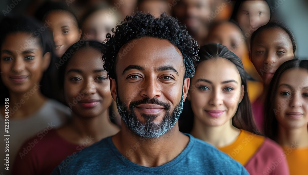 A diverse group of young adults, a man in the foreground with a short beard, smiling warmly at the camera. Women with varying skin tones flank him, showcasing a sense of unity and inclusion. The A diverse group of young adults, a man in the foreground with a short beard, smiling warmly at the camera. Women with varying skin tones flank him, showcasing a sense of unity and inclusion. The