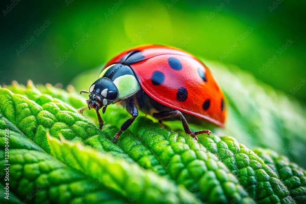 Fototapeta premium Macro Photo: Ladybird on Green Leaf - Vibrant Nature Close-Up