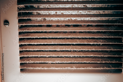 macro close-up of dusty louvered air white return air grille vent cover powder coated steel for ventilation system dirty needs cleaning abstract texture background