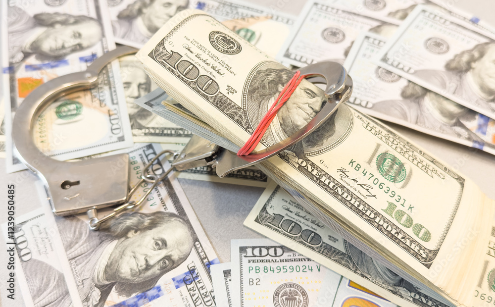 Pair of metal police handcuffs on Euros banknotes money cash background. Corruption, dirty money, gambling or financial crime ideas concept. Pair of metal police handcuffs on Euros banknotes money cash background. Corruption, dirty money, gambling or financial crime ideas concept.