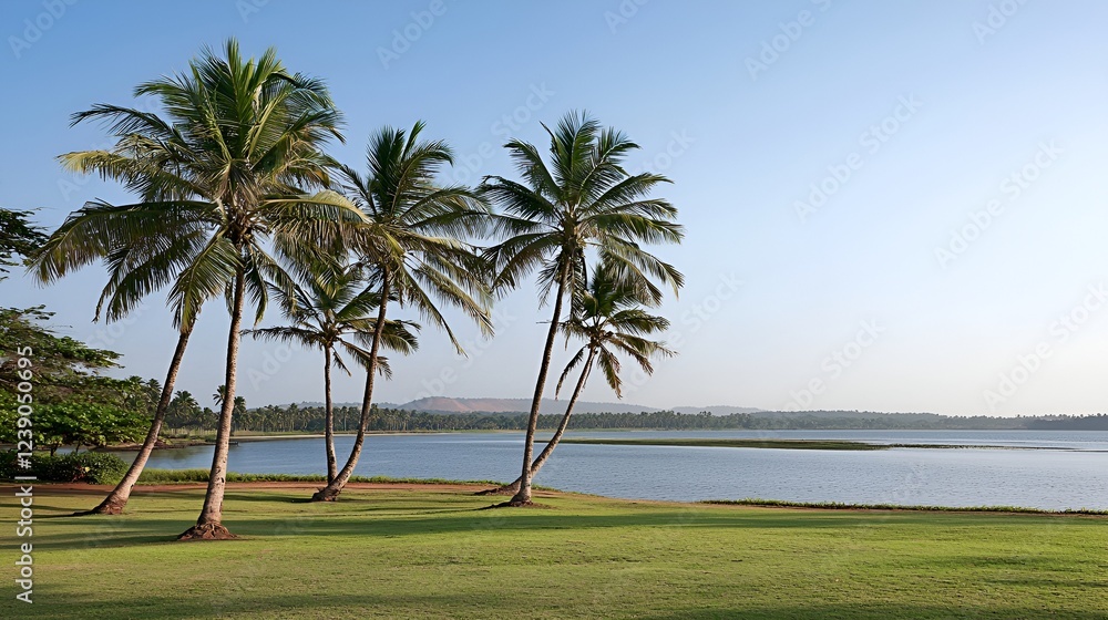 Tropical lake view, palm trees, calm water, green grass, relaxing landscape, travel brochure Tropical lake view, palm trees, calm water, green grass, relaxing landscape, travel brochure