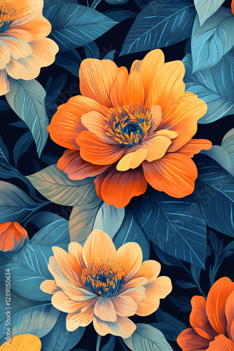 Wallpaper Mural A close-up of orange peony flowers with vibrant petals, showcasing a beautiful floral pattern with contrasting dark leaves, symbolizing nature's beauty and vibrant colors. Torontodigital.ca