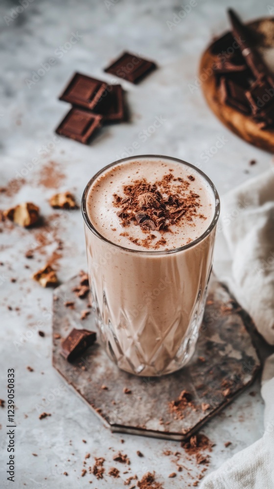 Indulgent chocolate milkshake with scattered chocolate bits in bright setting