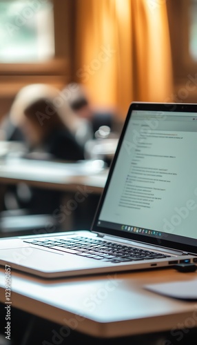 Laptop on desk in classroom setting with blurred students in background.