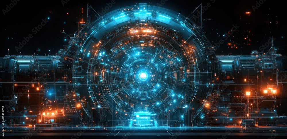 Obraz premium Futuristic Blueprint Design of Mechanical Gears and Engineering Components with Blue LED Lighting for Industrial Technology