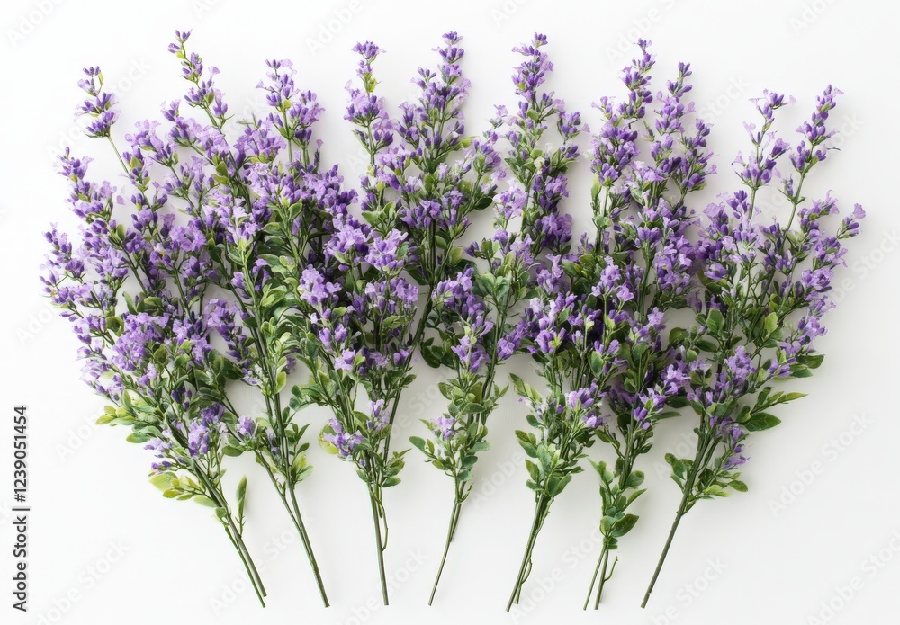 Fototapeta premium Purple flowers with green leaves on a white background