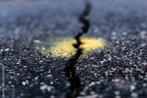 low angle view of long crack in road marked for repair. abstract concept for obstacles, uncertainty, meeting challenges, danger ahead, widening gap disruption navigation construction season background photo