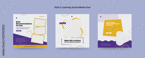 Colorful Online Kids Learning Course Social Media Post Template, Kids Education Banner Design for E-Learning Platforms. Colorful Kids E-Learning Social Media Post Kit