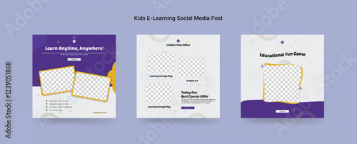 Colorful Online Kids Learning Course Social Media Post Template, Kids Education Banner Design for E-Learning Platforms. Colorful Kids E-Learning Social Media Post Kit