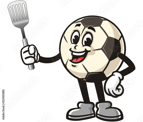 Cartoon mascot character of Football or Soccer ball holding a spatula