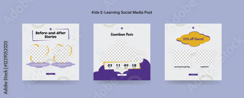 Colorful Online Kids Learning Course Social Media Post Template, Kids Education Banner Design for E-Learning Platforms. Colorful Kids E-Learning Social Media Post Kit