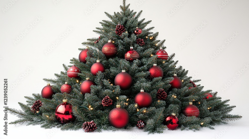 Festive Christmas tree adorned with red ornaments and pine cones, illuminated with warm lights Festive Christmas tree adorned with red ornaments and pine cones, illuminated with warm lights