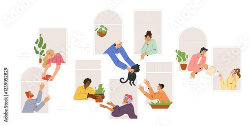 Neighbors sharing things and helping each other through open windows of house. Concept of good neighborhood, people's unity, mutual aid and support. Colored flat vector illustration isolated on white