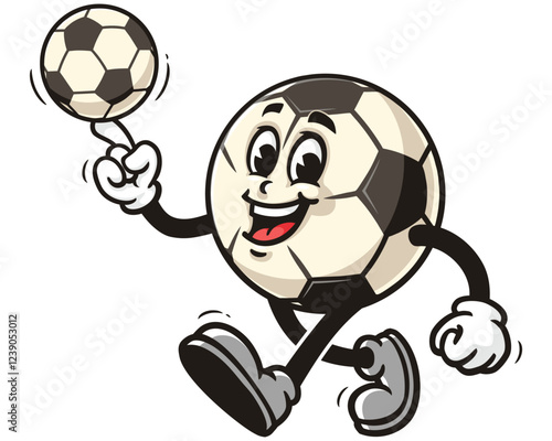 Cartoon mascot character of Football or Soccer is playing with his ball