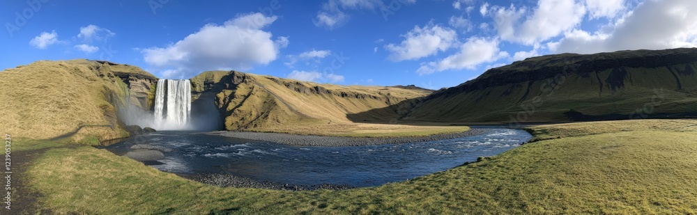 A stunning waterfall and a rainbow grace the center of a vast field A stunning waterfall and a rainbow grace the center of a vast field