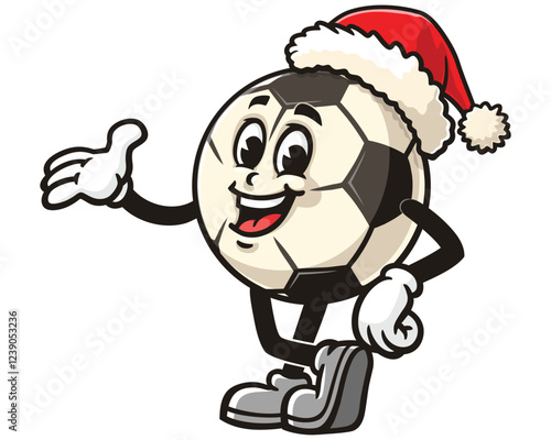 Cartoon mascot character of Football or Soccer wearing a christmas hat