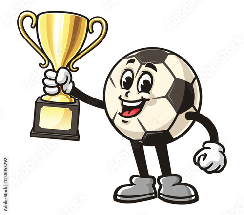 Cartoon mascot character of Football or Soccer holding trophy