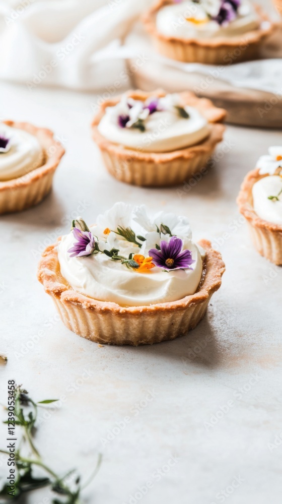 Lemon cream tartlets with delicate sugar flowers evoke spring's charm Lemon cream tartlets with delicate sugar flowers evoke spring's charm