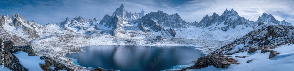 A serene lake is beautifully nestled among the snowy mountains A serene lake is beautifully nestled among the snowy mountains