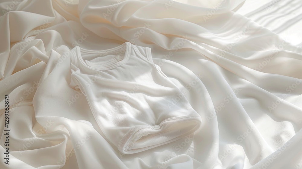 A single baby onesie is folded on a soft cotton sheet, creating a warm and inviting atmosphere filled with love A single baby onesie is folded on a soft cotton sheet, creating a warm and inviting atmosphere filled with love
