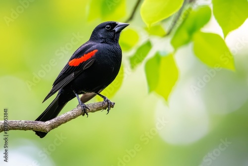 Red-winged Blackbird on Branch - A striking red-winged blackbird perched on a branch against a soft green background of leaves.