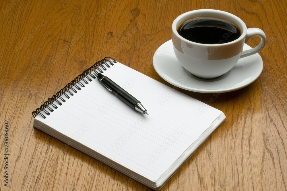 A warm cup of coffee with a notebook and pen on a wooden table A warm cup of coffee with a notebook and pen on a wooden table