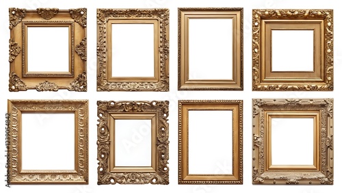 Antique gold frames set, vintage baroque style, classic decorative ornate frame collection, luxury golden picture borders, empty frames for art, paintings, digital artwork, and photography