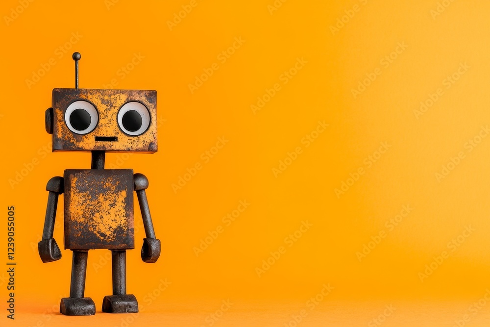 Rusty Robot on Orange Background - A cute, rusty robot stands against a vibrant orange backdrop. It symbolizes technology, nostalgia, imagination, friendship, and the future. Rusty Robot on Orange Background - A cute, rusty robot stands against a vibrant orange backdrop. It symbolizes technology, nostalgia, imagination, friendship, and the future.