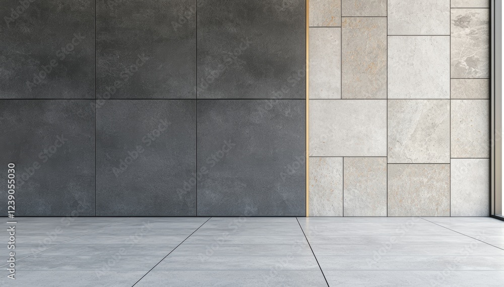 Fototapeta premium Rough gray concrete wall with natural stone details and smooth tile flooring, perfect for urban and architectural themes