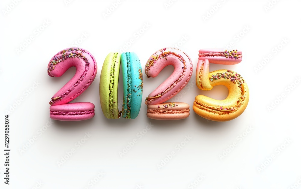 2025 Shaped from Colorful Macarons and Sweet Pastries Isolated on a White Background 2025 Shaped from Colorful Macarons and Sweet Pastries Isolated on a White Background