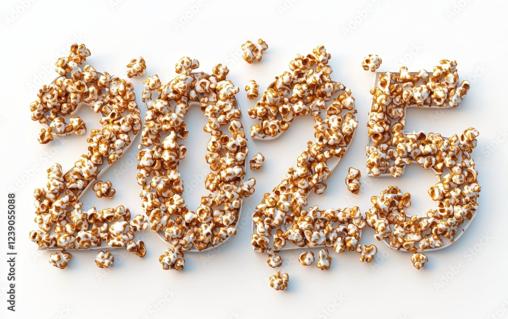 2025 Shaped from Crunchy Popcorn with Caramel Drizzle Isolated on a White Background