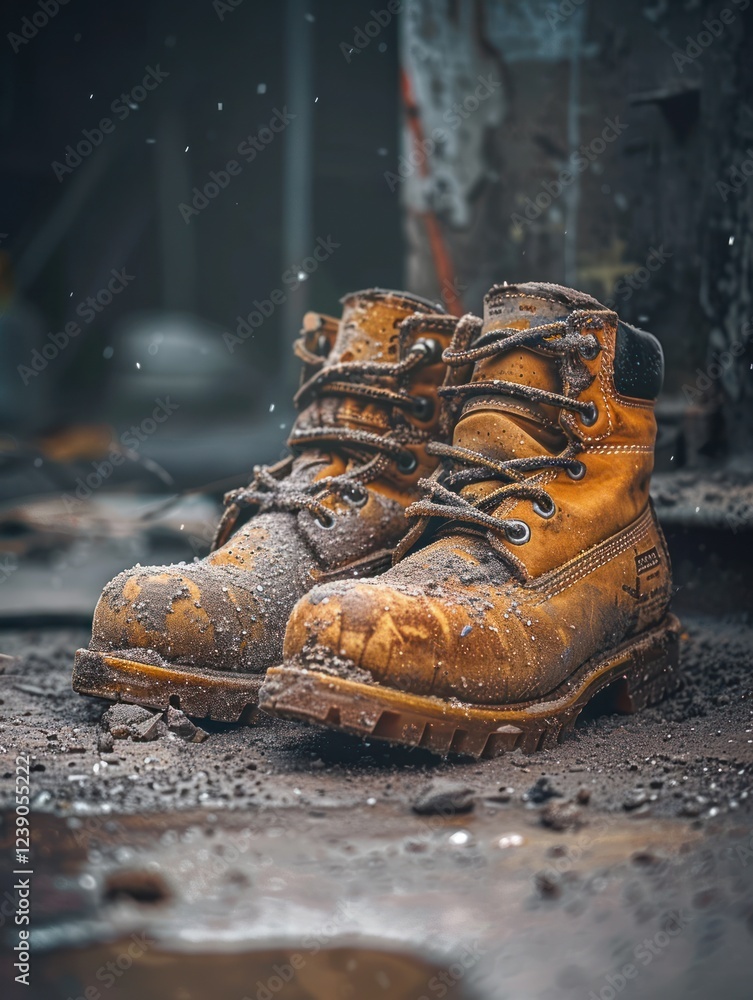 Dusty work boots on a concrete floor showcase the effort and dedication in tough tasks Dusty work boots on a concrete floor showcase the effort and dedication in tough tasks