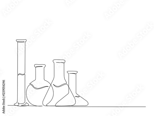 Continuous one line drawing of laboratory test tubes. laboratory equipment set in single line draw illustration. Editable stroke.