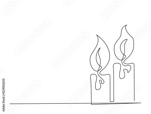 Continuous one line drawing of burning fire candle. Candle in single line draw illustration. Editable stroke.