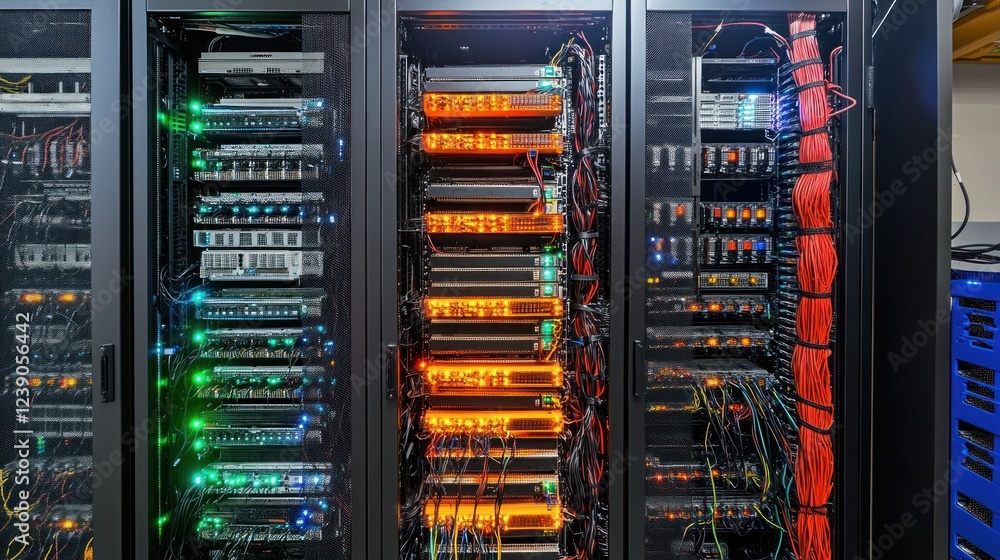 Data center server rack with colorful lights and cables. Data center server rack with colorful lights and cables.